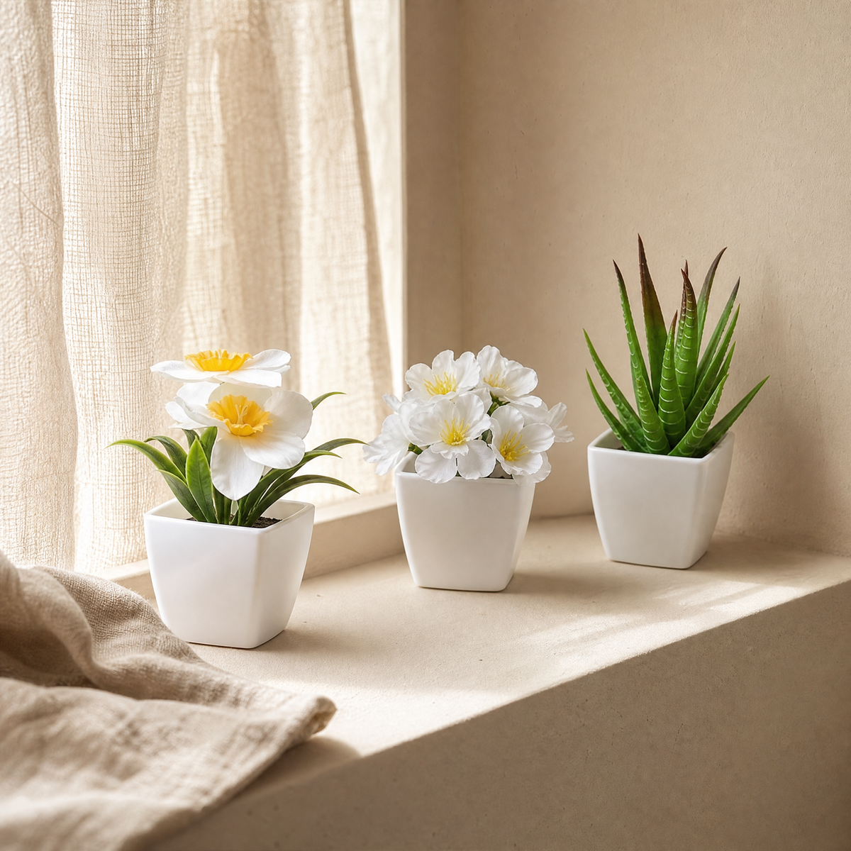 Artificial Potted Plants Set of 6 – Faux Succulents and Florals in White Pots
