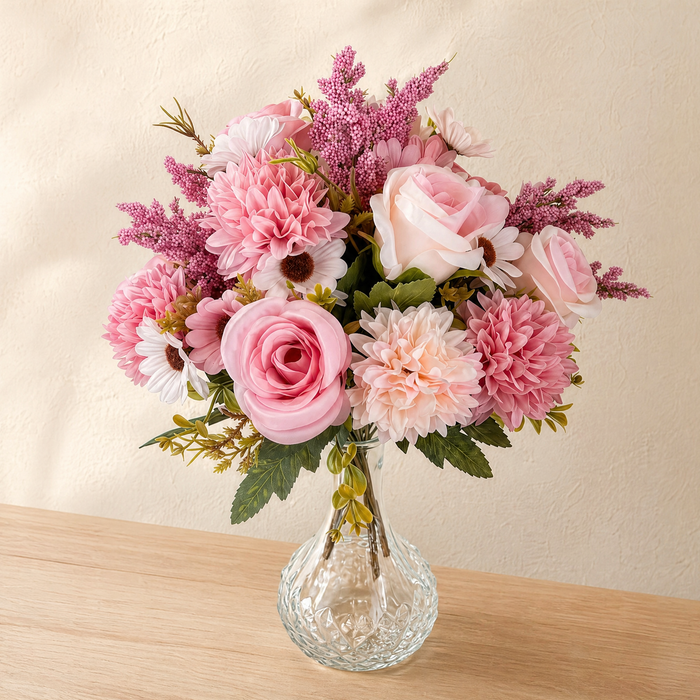 Faux Pink Rose Dahlia Daisy Bouquet – Artificial Flowers for Wedding and Home Decor