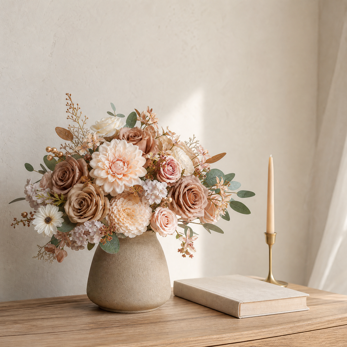 Silk Flower Box Set – Dusty Rose Blush Dahlia Roses for Bridal Bouquet and Home Decor