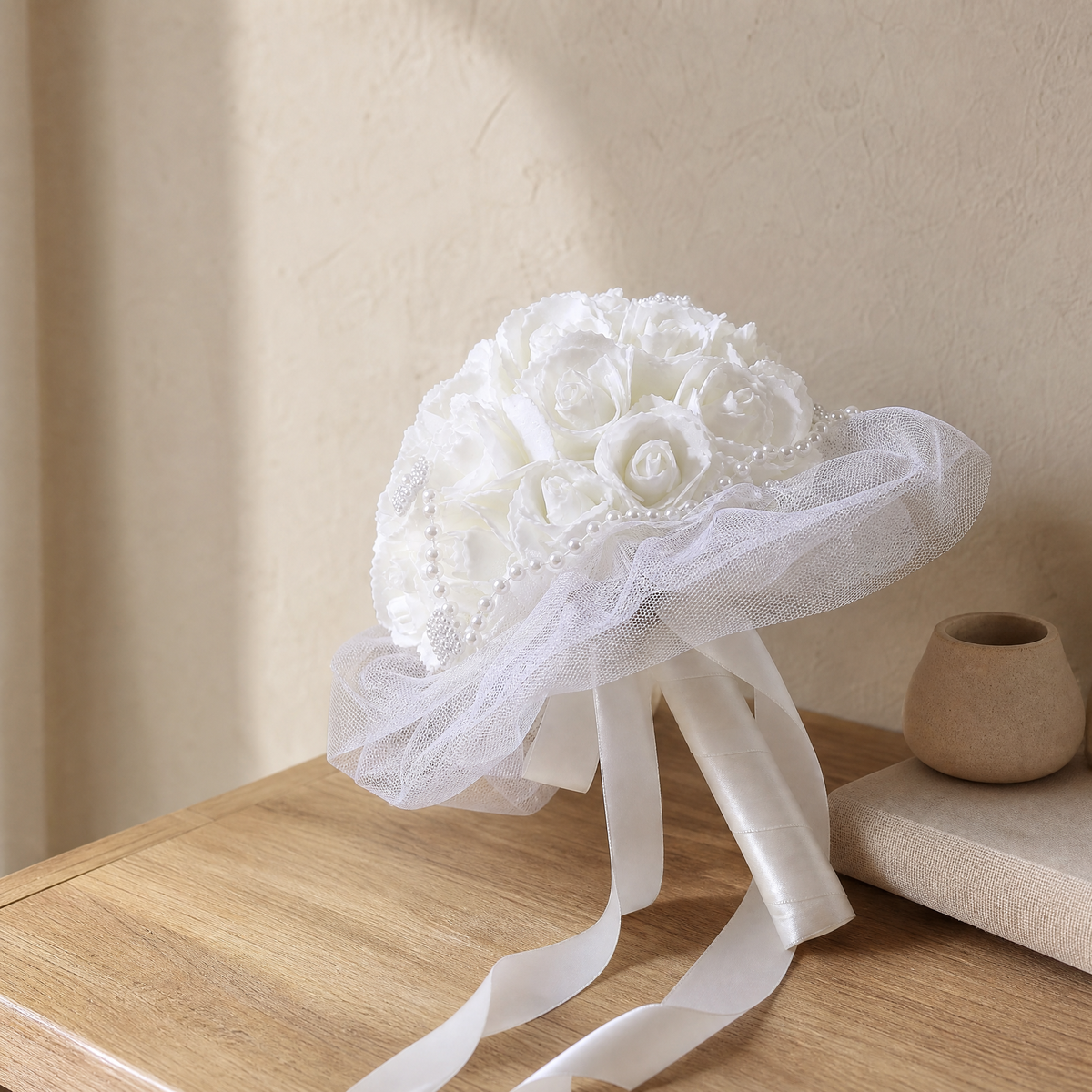 Faux Rose Bridal Bouquet – Pearl Detail Tulle Wrap White Wedding Flowers Bride