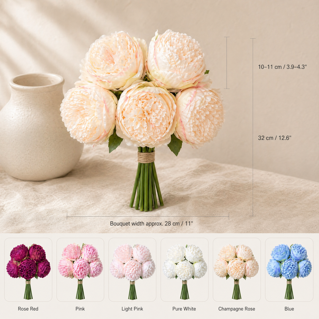 Artificial Peony Bouquet 5 Stems – Silk Faux Flowers Wedding Bridal Home Decor