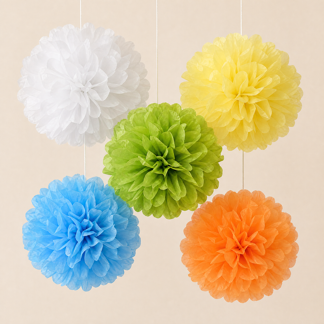 Paper Pom Poms 5 Pack – 4 to 12 Inch Wedding Birthday Party Hanging Decor