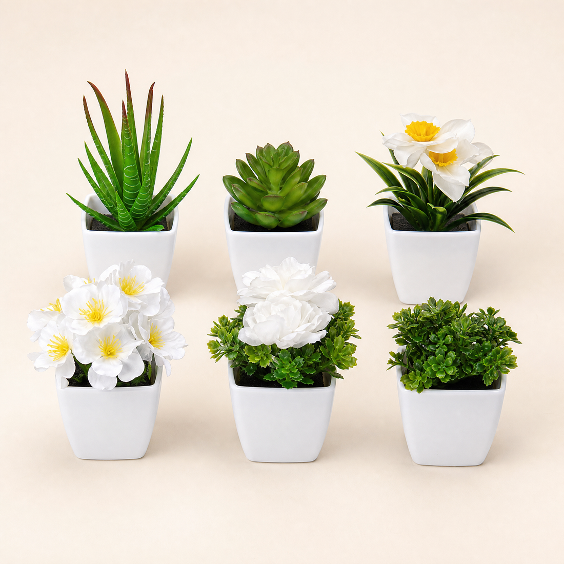 Artificial Potted Plants Set of 6 – Faux Succulents and Florals in White Pots