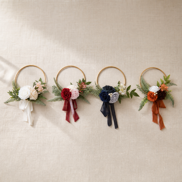 Gold Hoop Bouquet – Faux Rose Bridesmaid Floral Ring Wedding Ceremony Decor