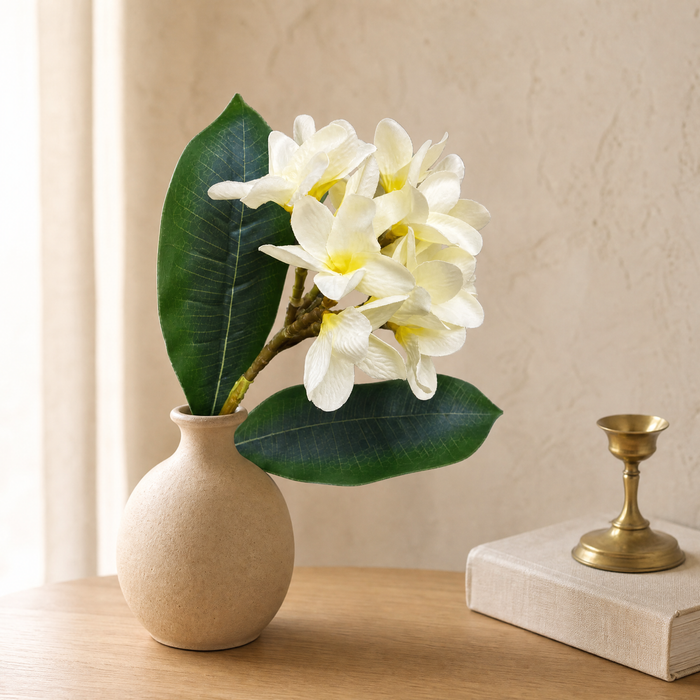 Artificial Plumeria Branch – Silk Frangipani White Flower Stem Faux Floral Decor