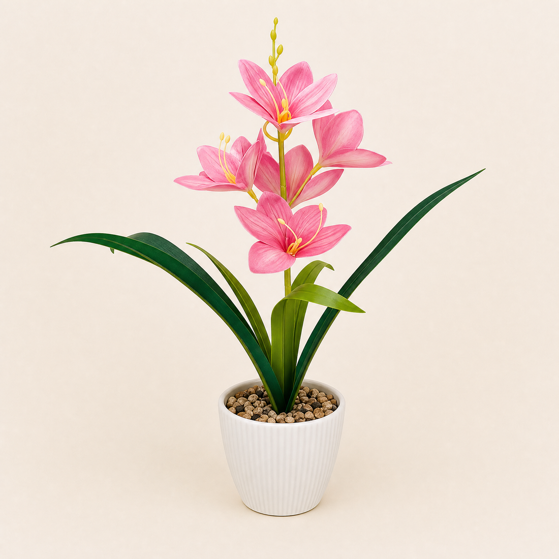 Faux Orchid in Stone Pot – Silk Bloom for Home, Study or Living Room Decor