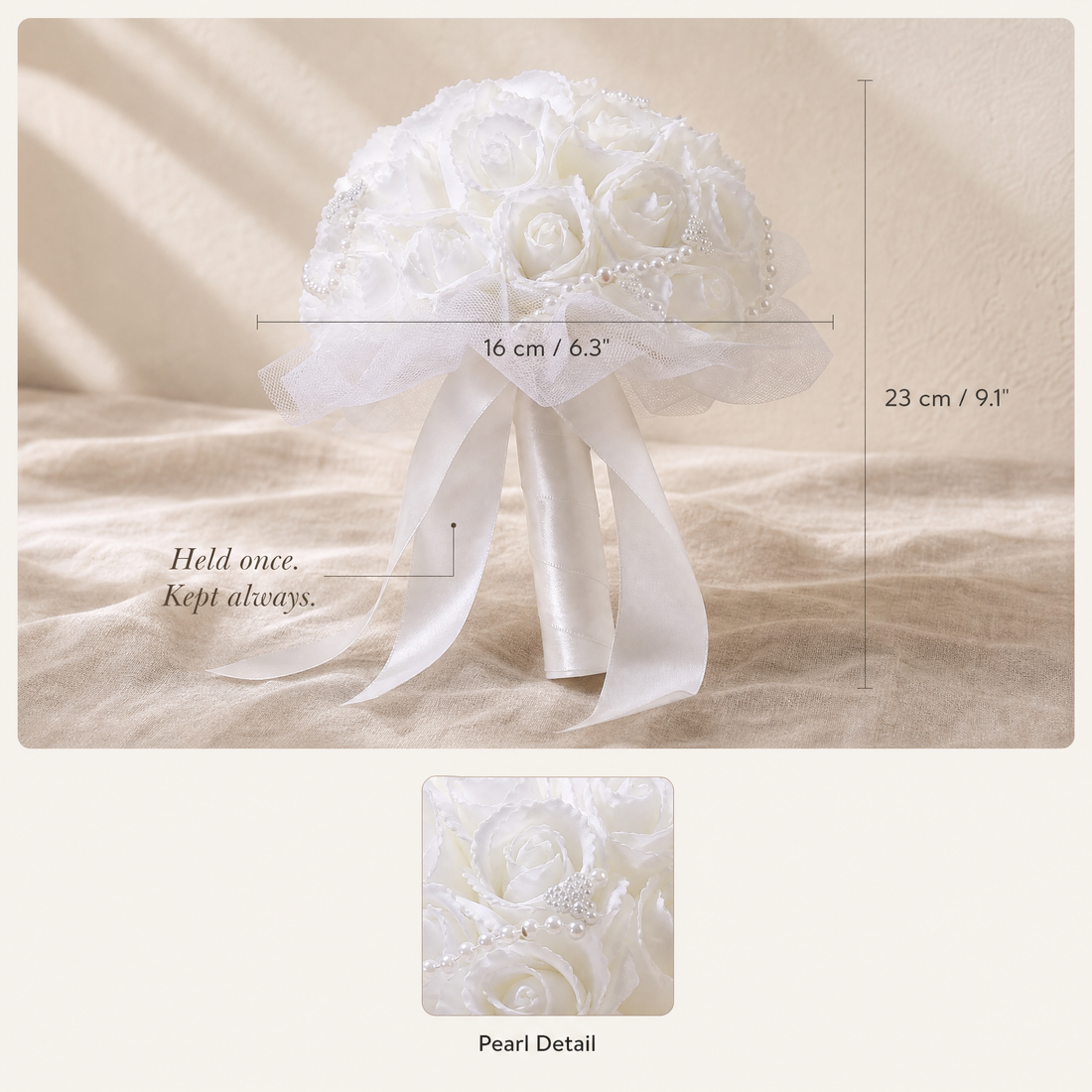 Faux Rose Bridal Bouquet – Pearl Detail Tulle Wrap White Wedding Flowers Bride