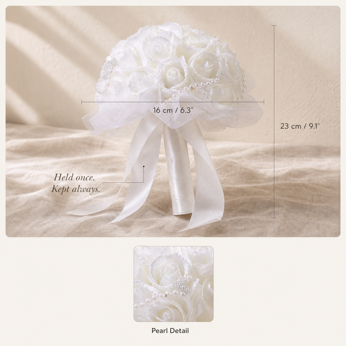 Faux Rose Bridal Bouquet – Pearl Detail Tulle Wrap White Wedding Flowers Bride