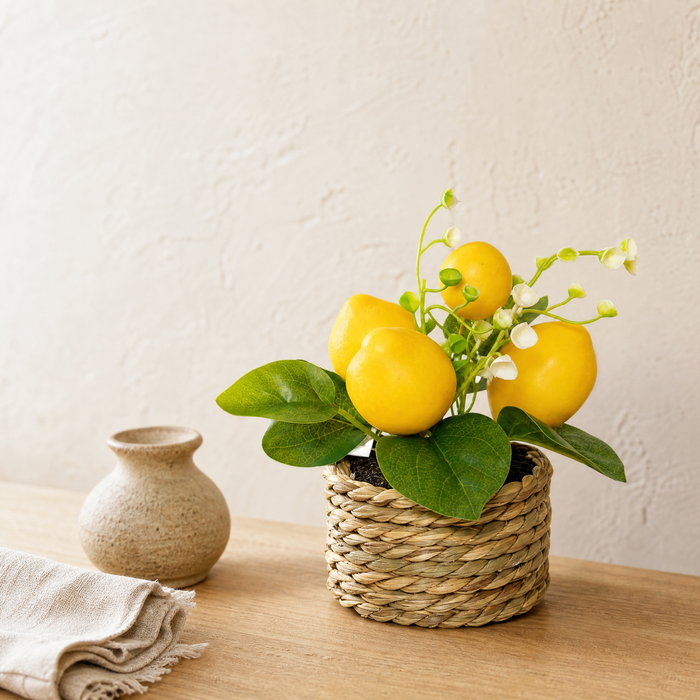 Faux Lemon Potted Plant – Woven Basket Pot, Artificial Fruit Decor, Kitchen Table Accent