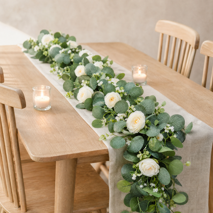 Artificial Eucalyptus Rose Garland – 180cm Faux Greenery Wedding Table Home Decor