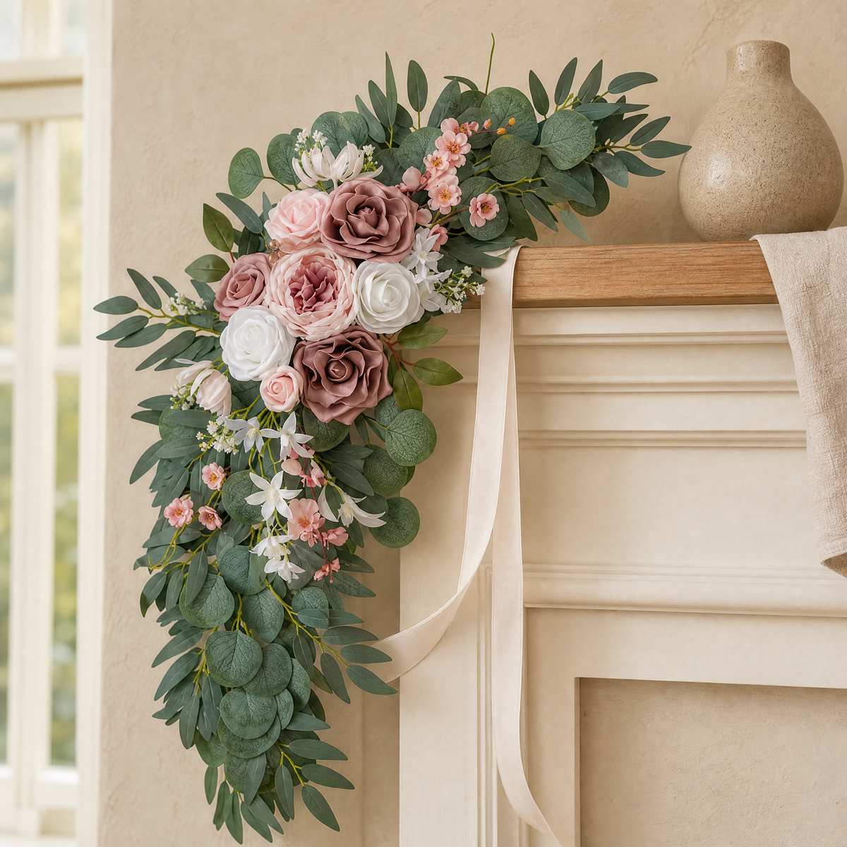 Faux Rose Arch Swag Set – Dusty Pink Silk Flowers Wedding Arch Decor Eucalyptus
