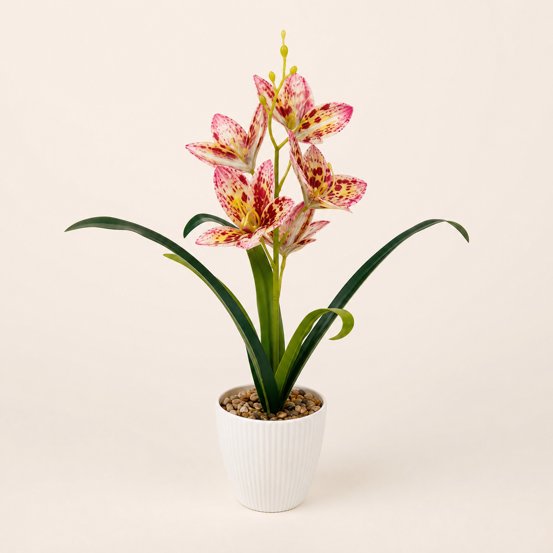 Faux Orchid in Stone Pot – Silk Bloom for Home, Study or Living Room Decor