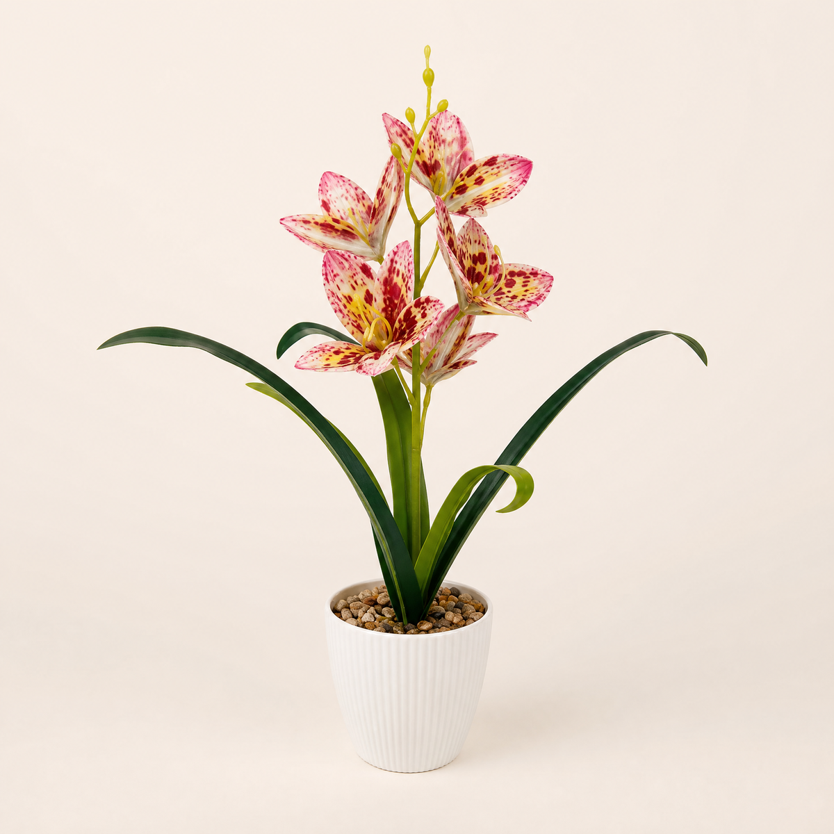 Faux Orchid in Stone Pot – Silk Bloom for Home, Study or Living Room Decor