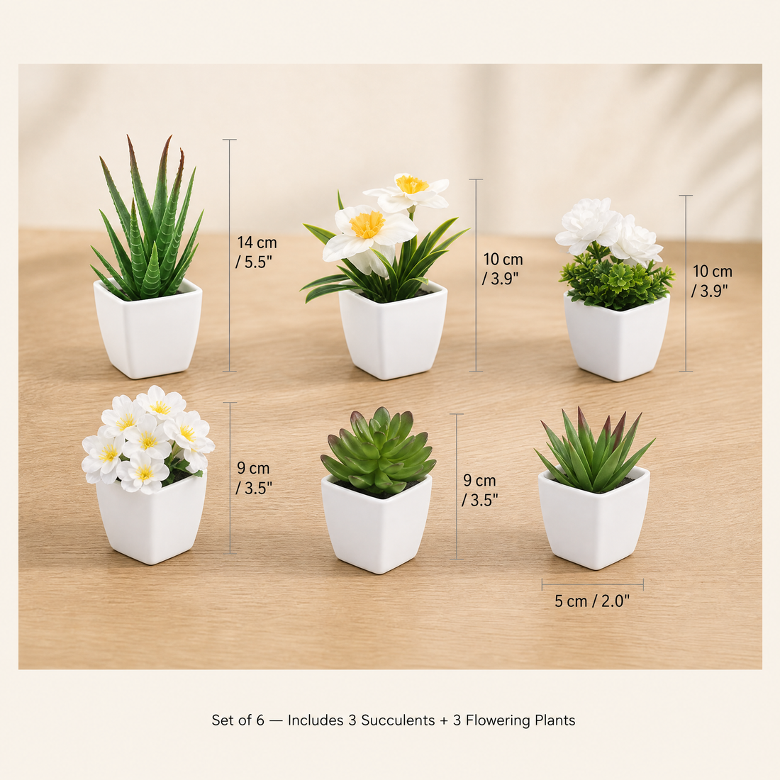 Artificial Potted Plants Set of 6 – Faux Succulents and Florals in White Pots