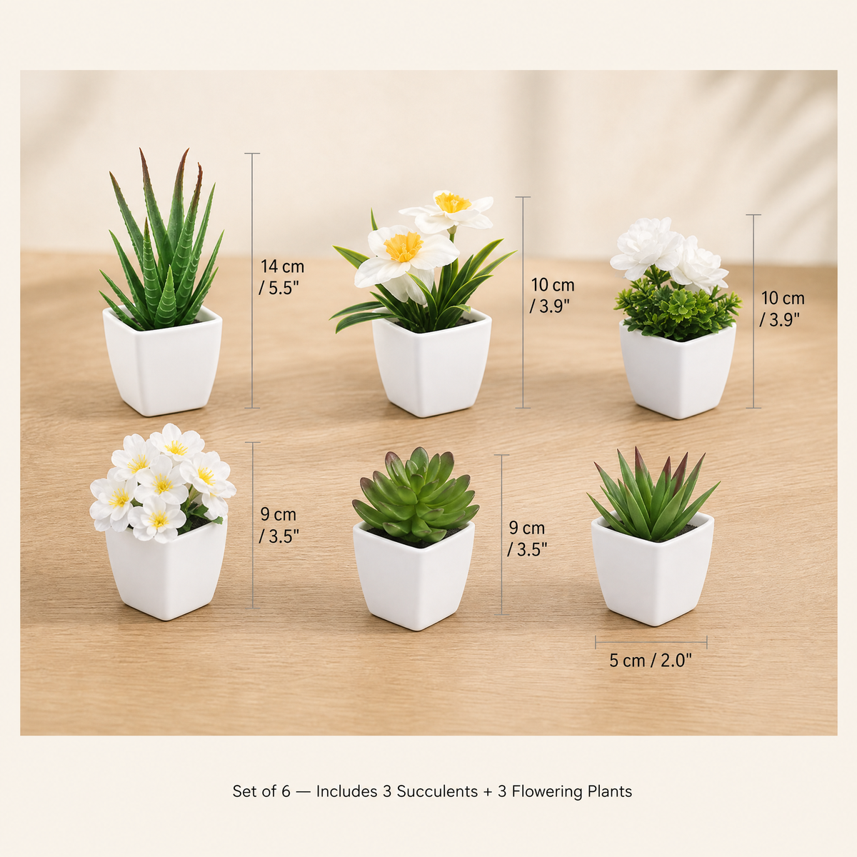Artificial Potted Plants Set of 6 – Faux Succulents and Florals in White Pots