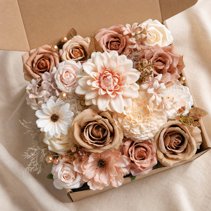Silk Flower Box Set – Dusty Rose Blush Dahlia Roses for Bridal Bouquet and Home Decor