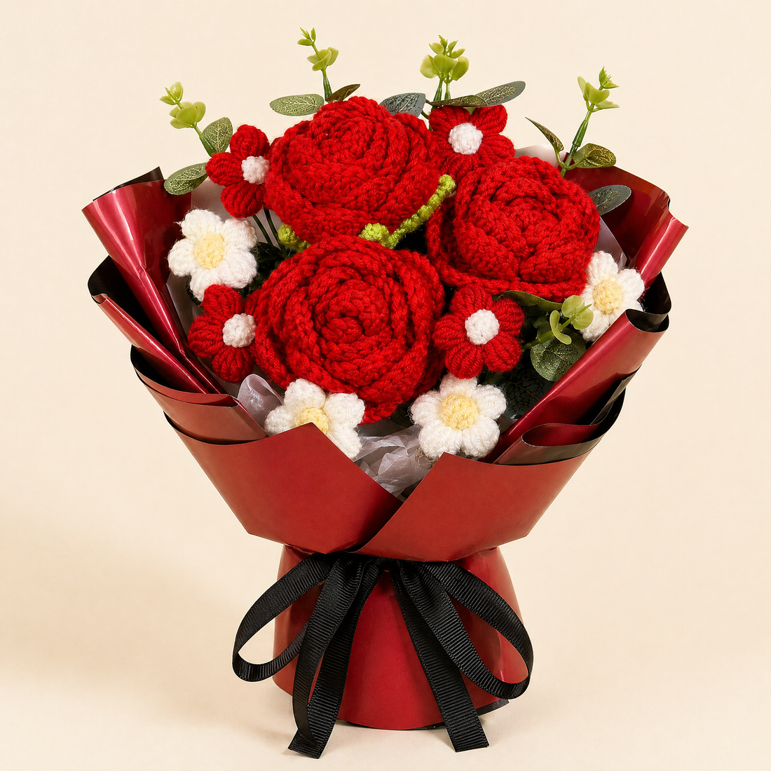 Red Crochet Flower Bouquet – Handmade Knit Roses, Lasting Gift for Valentine's Day