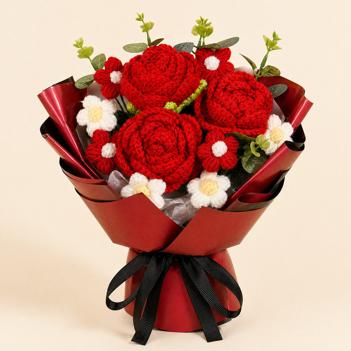 Red Crochet Flower Bouquet – Handmade Knit Roses, Lasting Gift for Valentine's Day