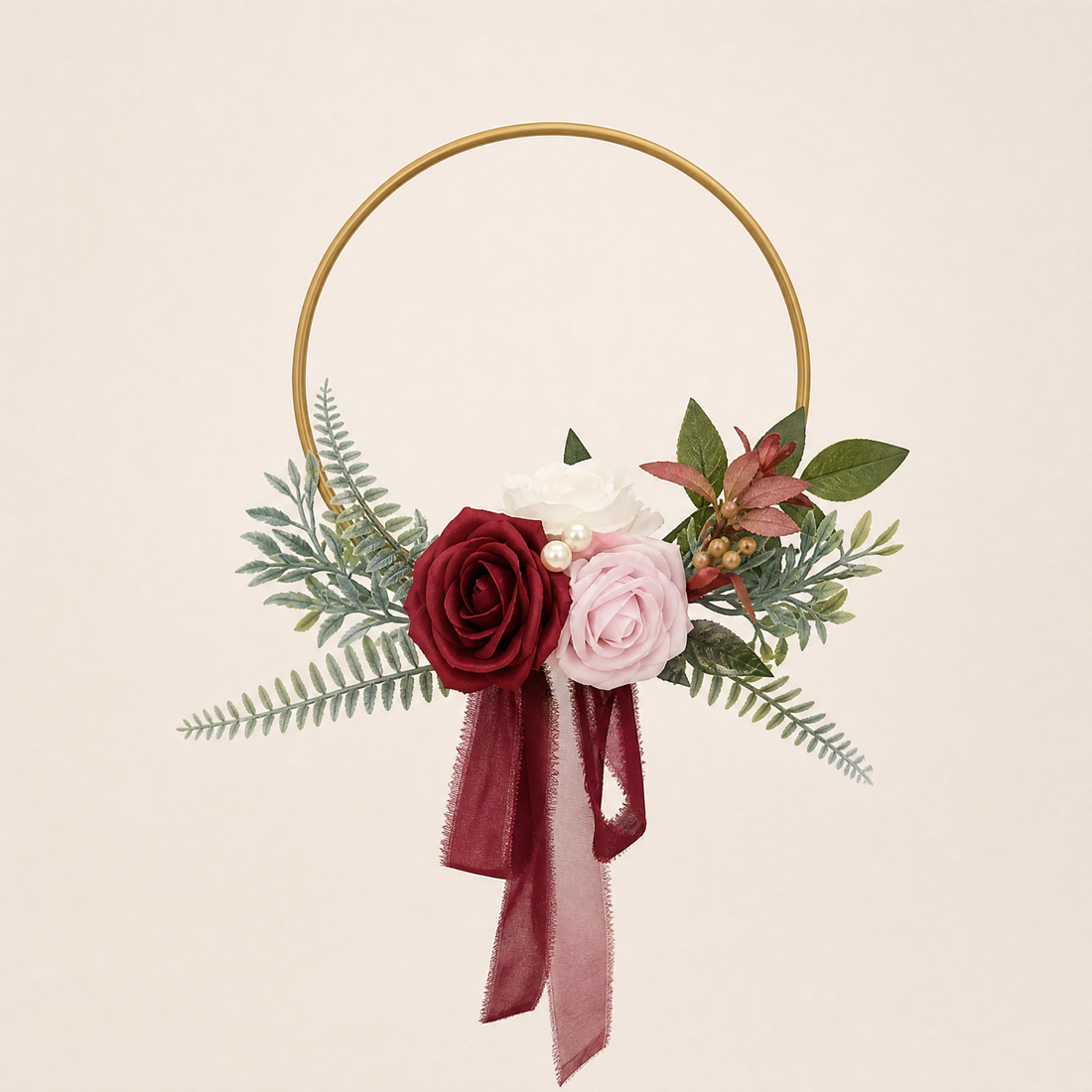 Gold Hoop Bouquet – Faux Rose Bridesmaid Floral Ring Wedding Ceremony Decor