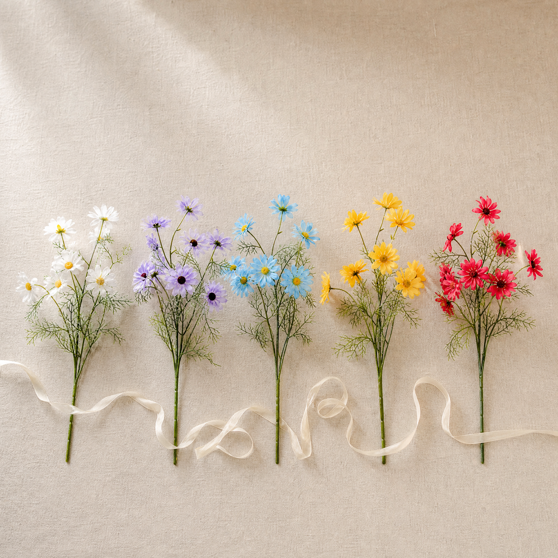 Silk Daisy Stem Faux Flower – 5 Head Cosmos Branch for Home Decor and Bouquets