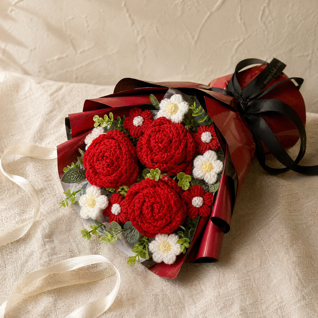 Red Crochet Flower Bouquet – Handmade Knit Roses, Lasting Gift for Valentine's Day
