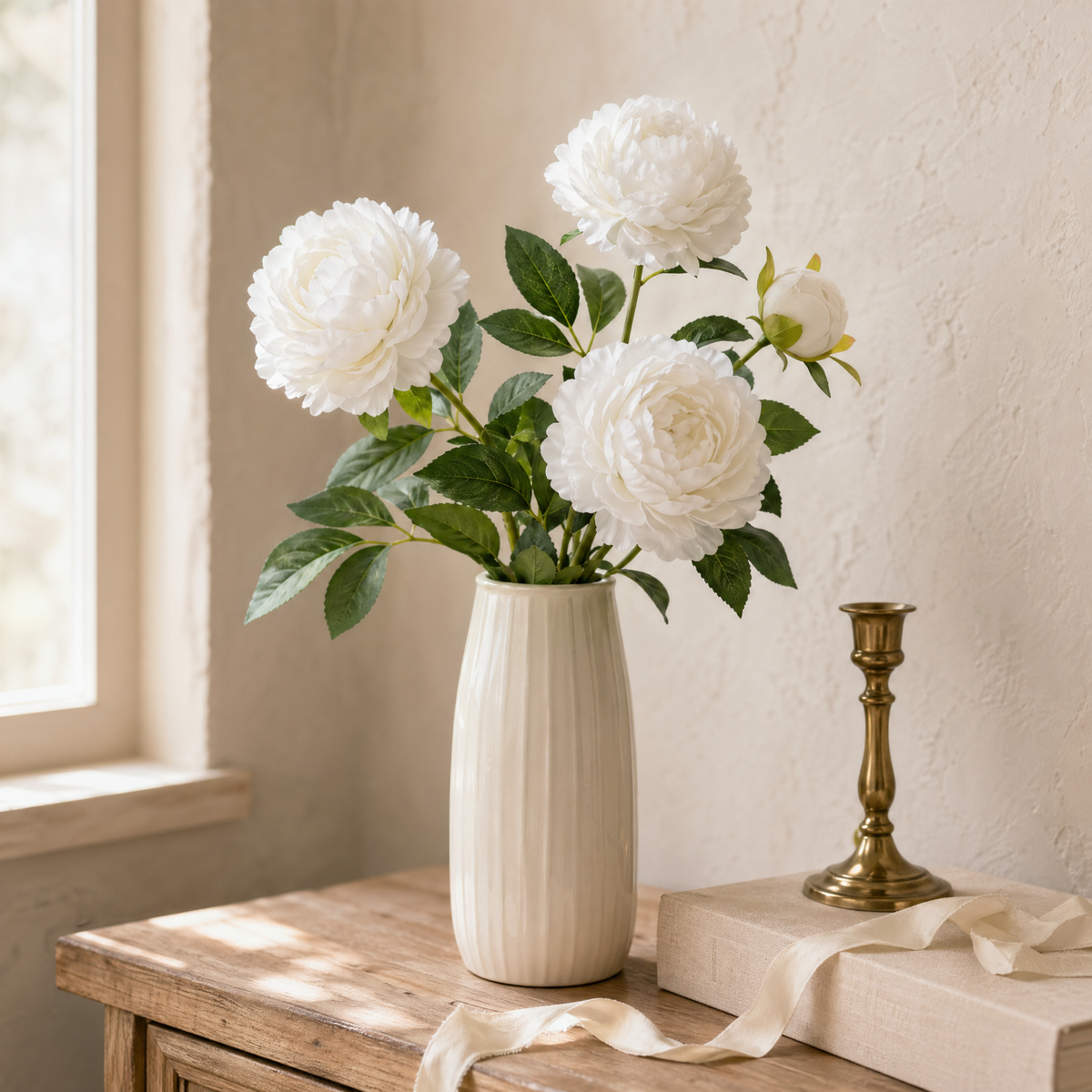 Artificial Peony Bouquet Branch – 3 Bloom Faux Flowers for Wedding Home Garden Decor