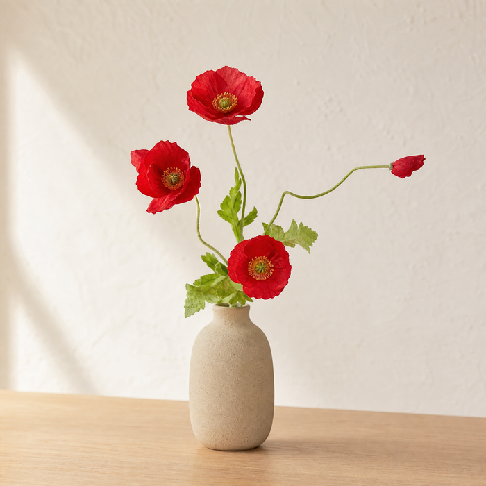 Silk Poppy Stem Faux Flowers – 4 Head Spray for Wedding and Home Decor