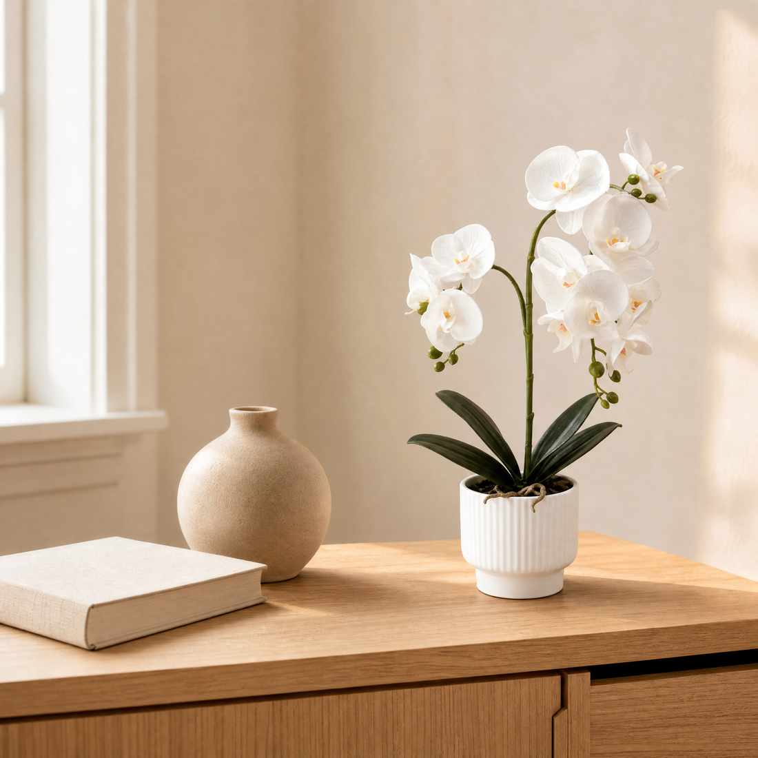 Faux Orchid Arrangement in Pot – Silk Phalaenopsis Bonsai Home Office Desk Decor