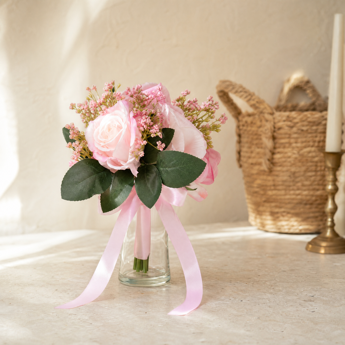 Faux Rose Bouquet with Gypsophila – Silk Wedding Flowers Home Table Decor