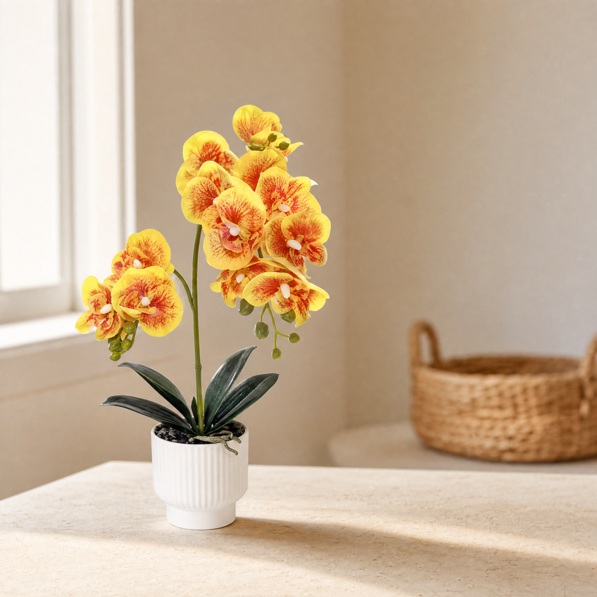 Faux Orchid Arrangement in Pot – Silk Phalaenopsis Bonsai Home Office Desk Decor