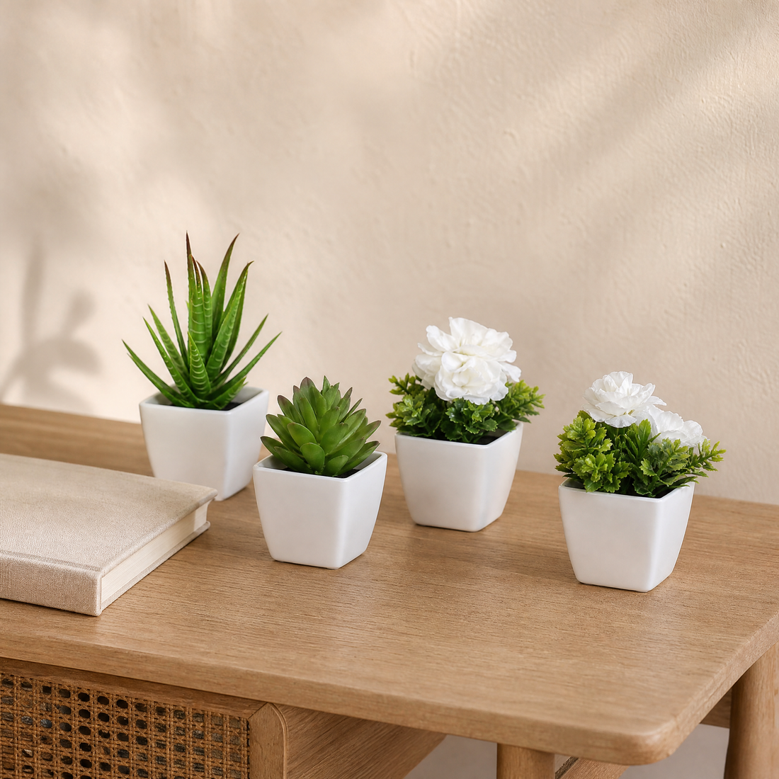 Artificial Potted Plants Set of 6 – Faux Succulents and Florals in White Pots