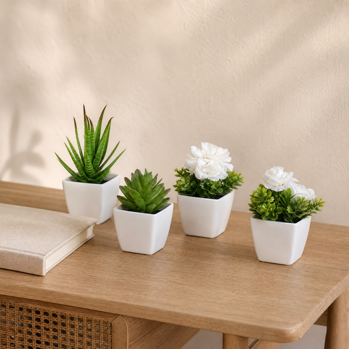 Artificial Potted Plants Set of 6 – Faux Succulents and Florals in White Pots