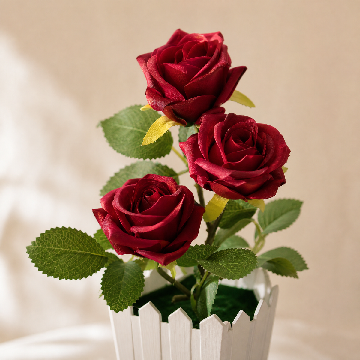Faux Rose Bonsai in White Pot – Silk Flower Arrangement for Home and Desk Decor