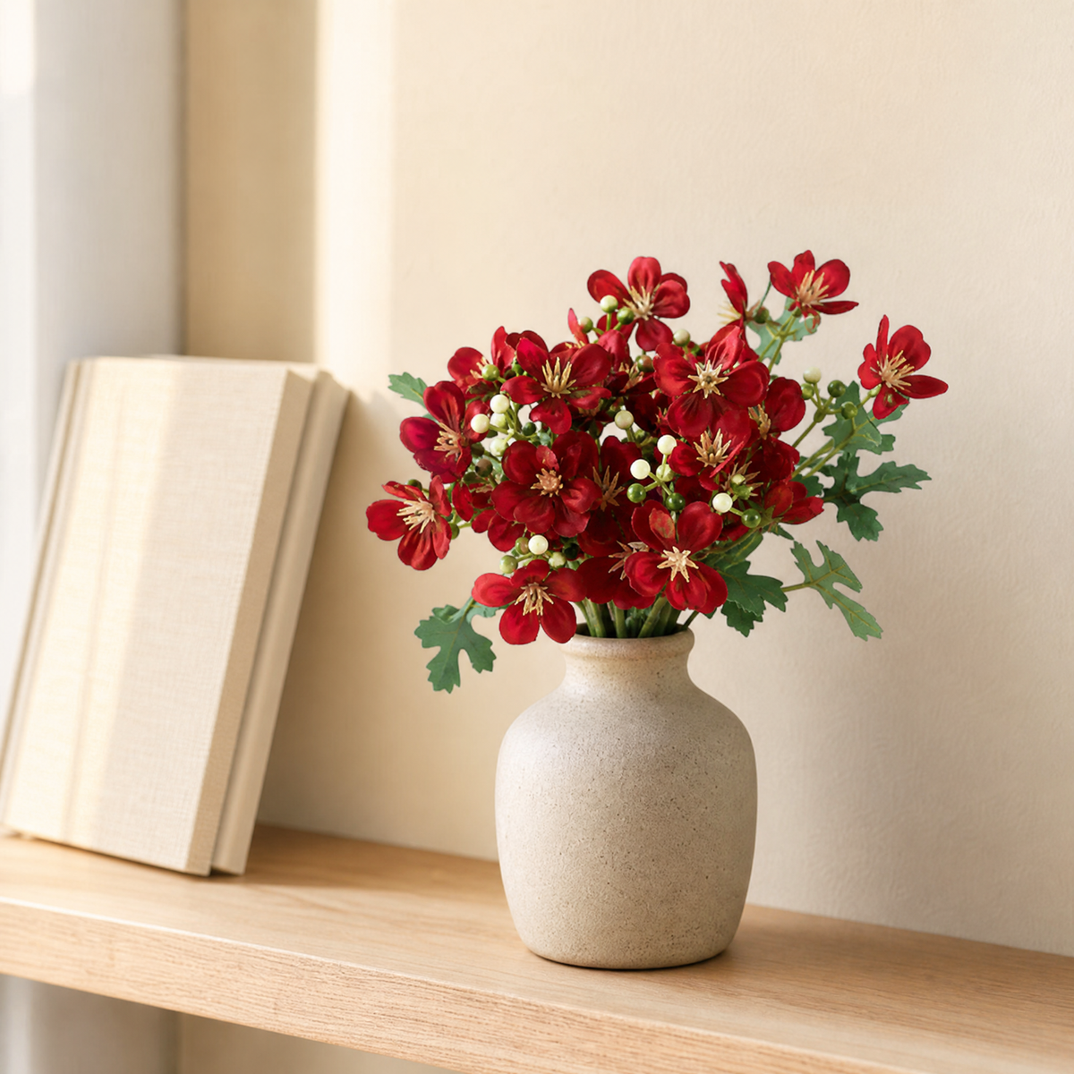 Faux Cherry Blossom Stem – 5-Branch Silk Flower for Wedding Bouquet and Home Decor