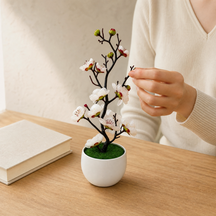 Faux Plum Blossom Bonsai – Silk Flower Potted Tree, Desk Decor, Home or Wedding