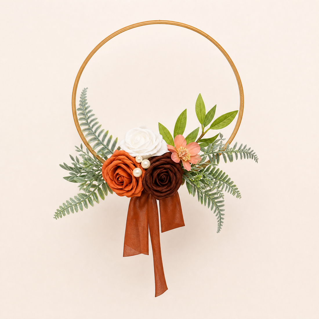 Gold Hoop Bouquet – Faux Rose Bridesmaid Floral Ring Wedding Ceremony Decor