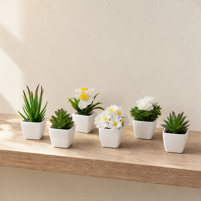 Artificial Potted Plants Set of 6 – Faux Succulents and Florals in White Pots