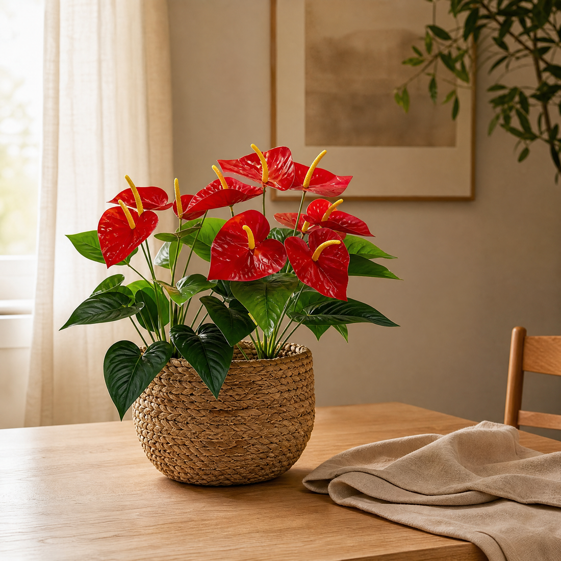 Artificial Anthurium Plant – 18 Head Faux Flamingo Flower Red Indoor Home Decor