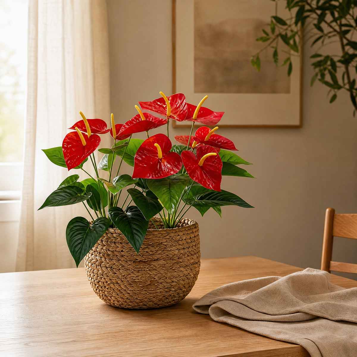 Artificial Anthurium Plant – 18 Head Faux Flamingo Flower Red Indoor Home Decor