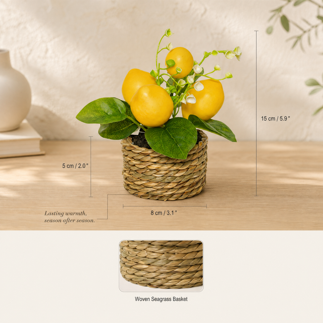 Faux Lemon Potted Plant – Woven Basket Pot, Artificial Fruit Decor, Kitchen Table Accent