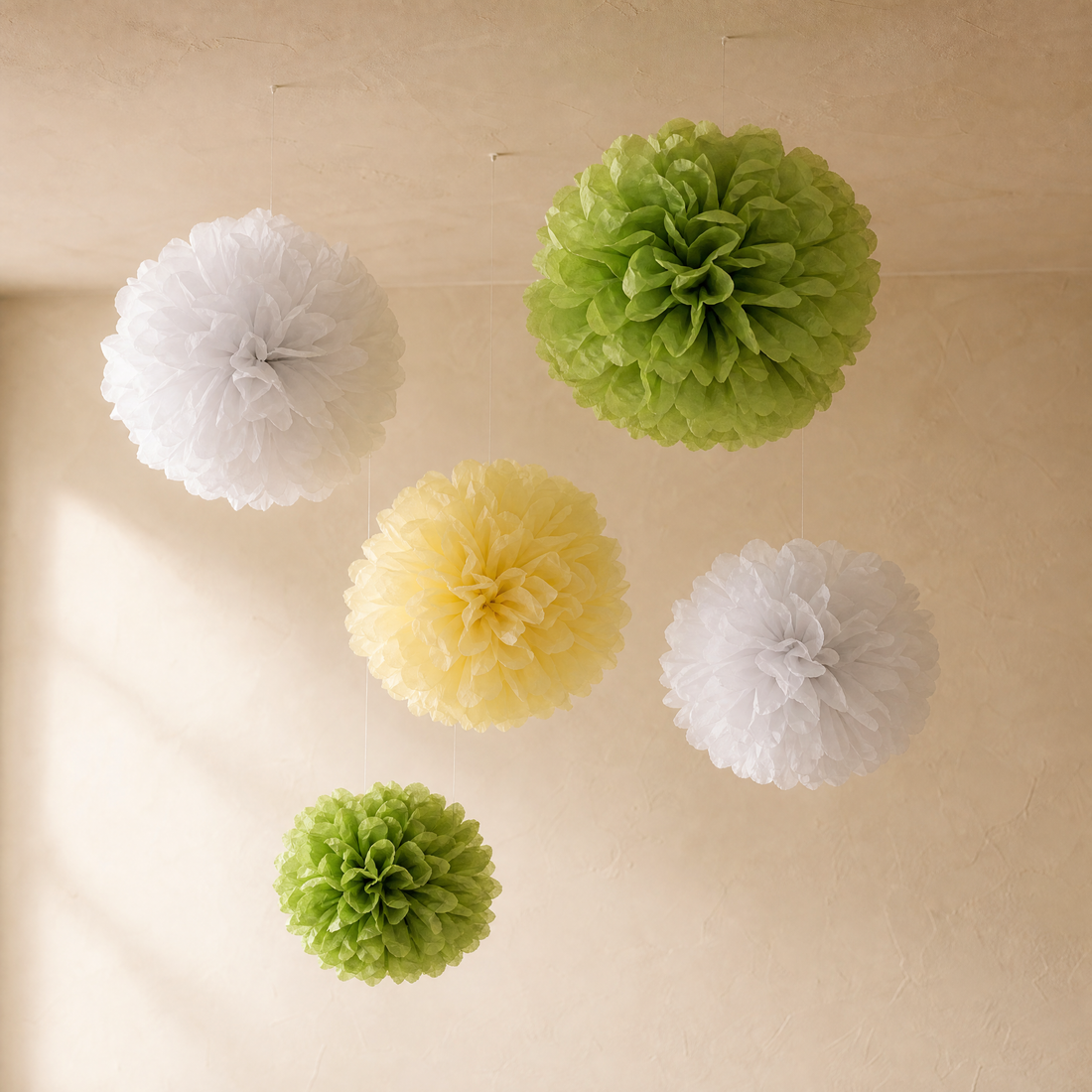 Paper Pom Poms 5 Pack – 4 to 12 Inch Wedding Birthday Party Hanging Decor