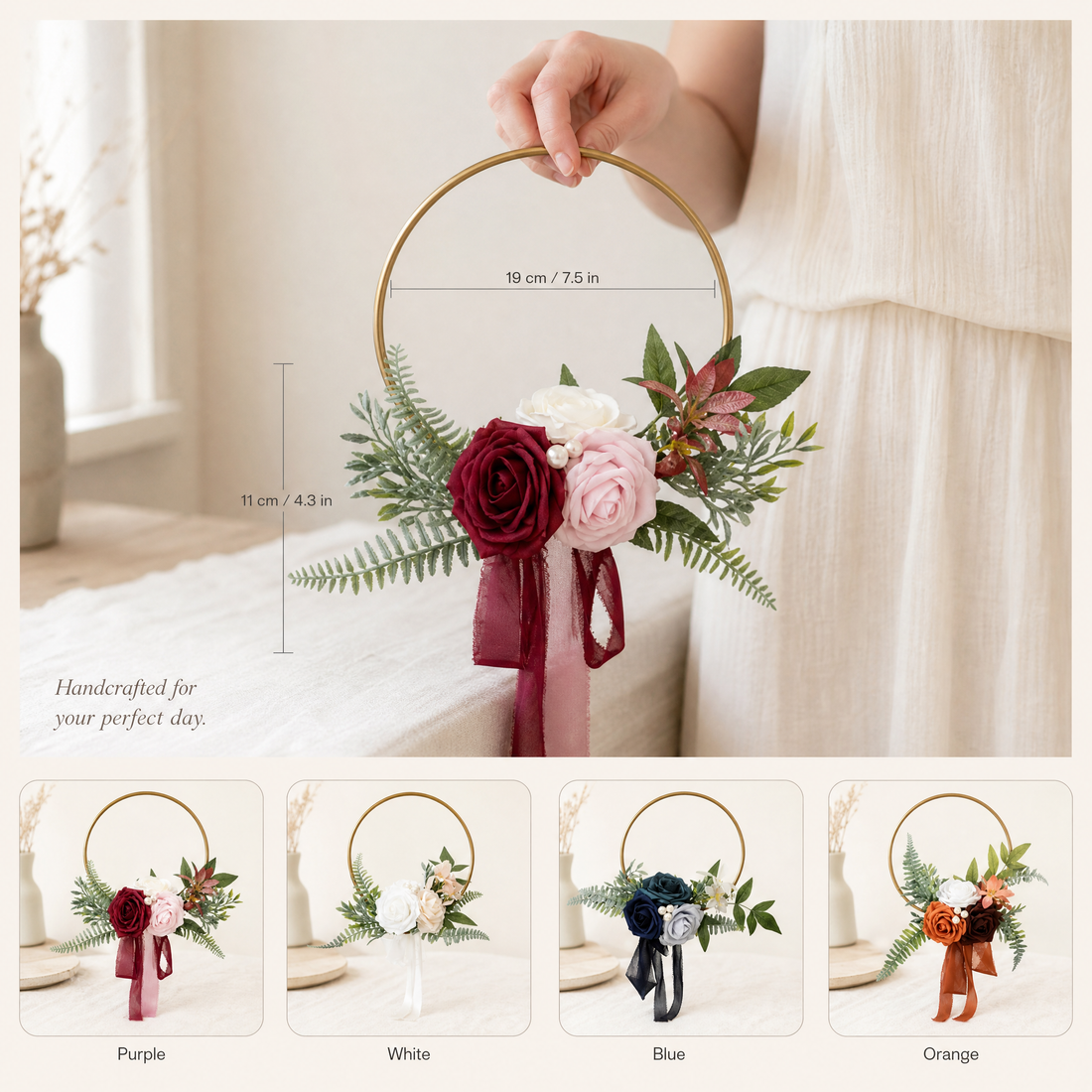 Gold Hoop Bouquet – Faux Rose Bridesmaid Floral Ring Wedding Ceremony Decor