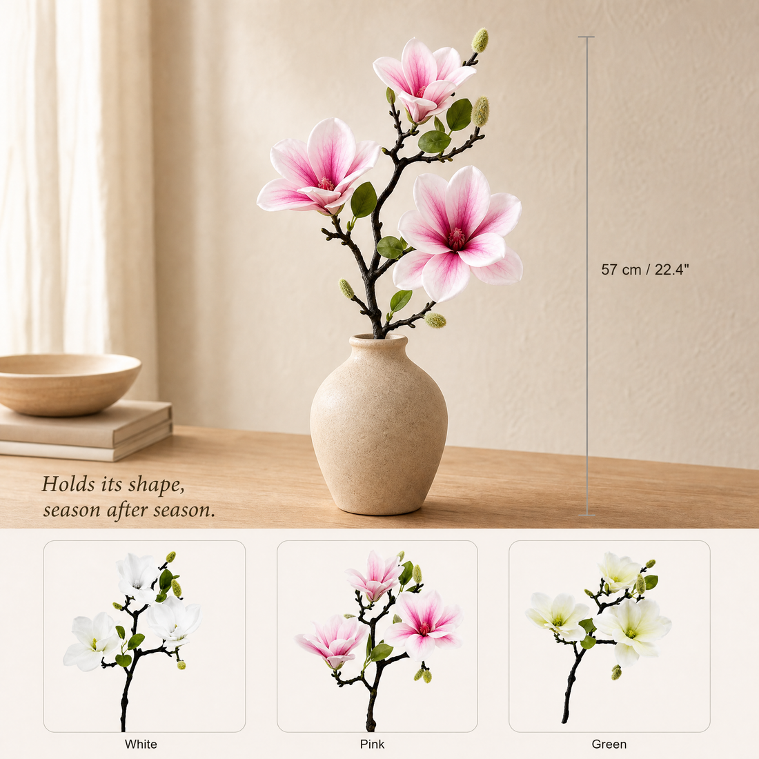Faux Magnolia Stem – Realistic Single Branch, Home Decor Floral Arrangement