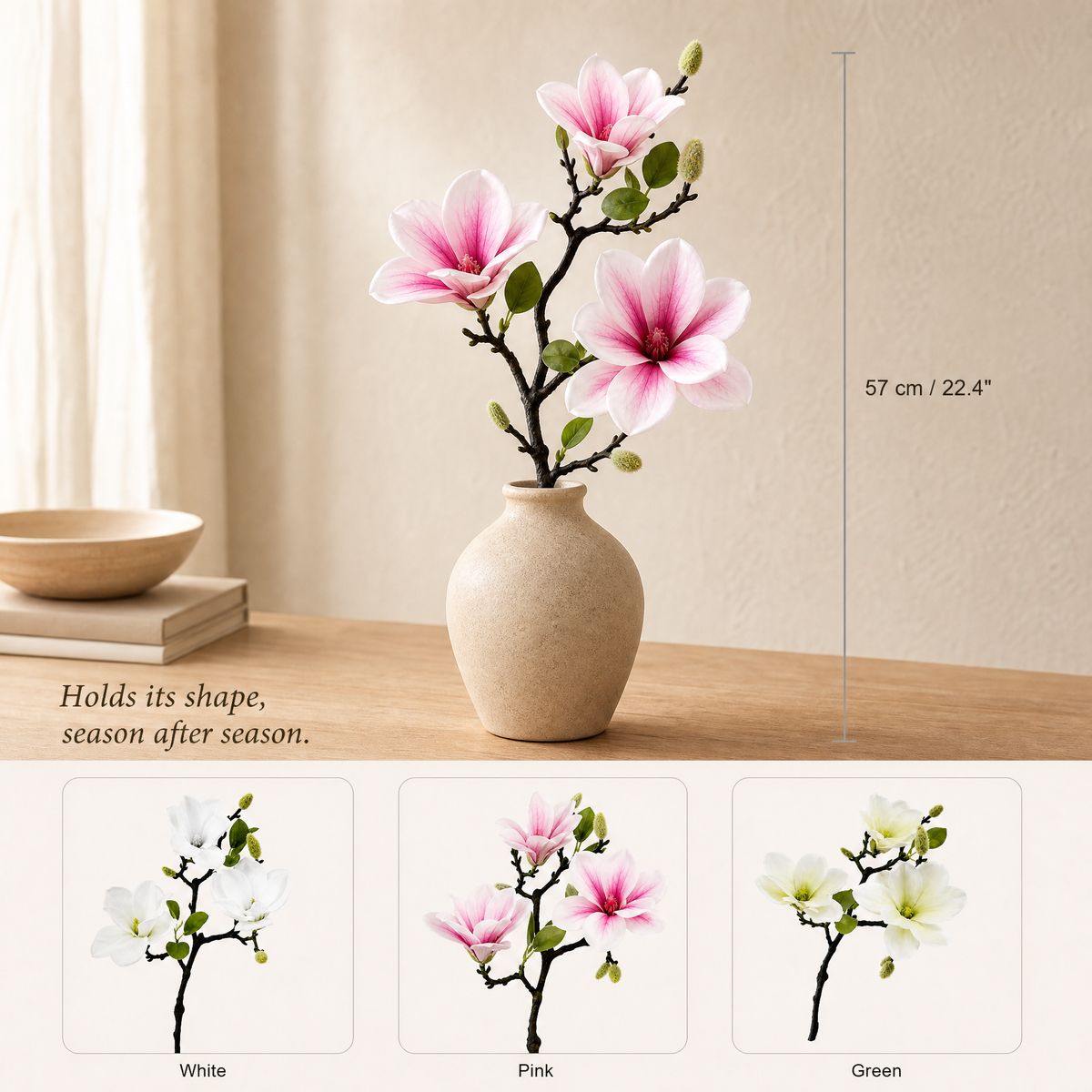 Faux Magnolia Stem – Realistic Single Branch, Home Decor Floral Arrangement