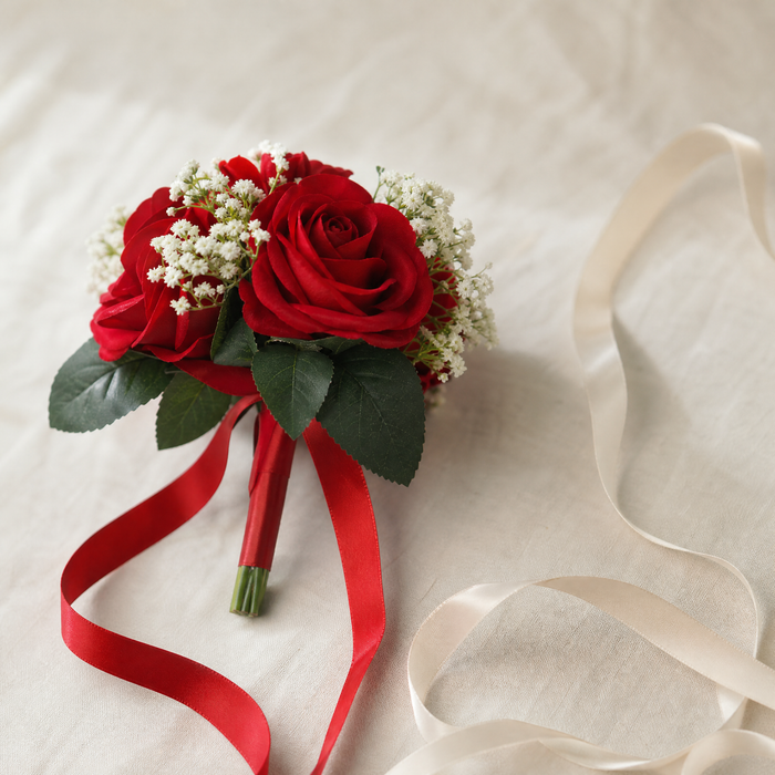 Faux Rose Bouquet with Gypsophila – Silk Wedding Flowers Home Table Decor