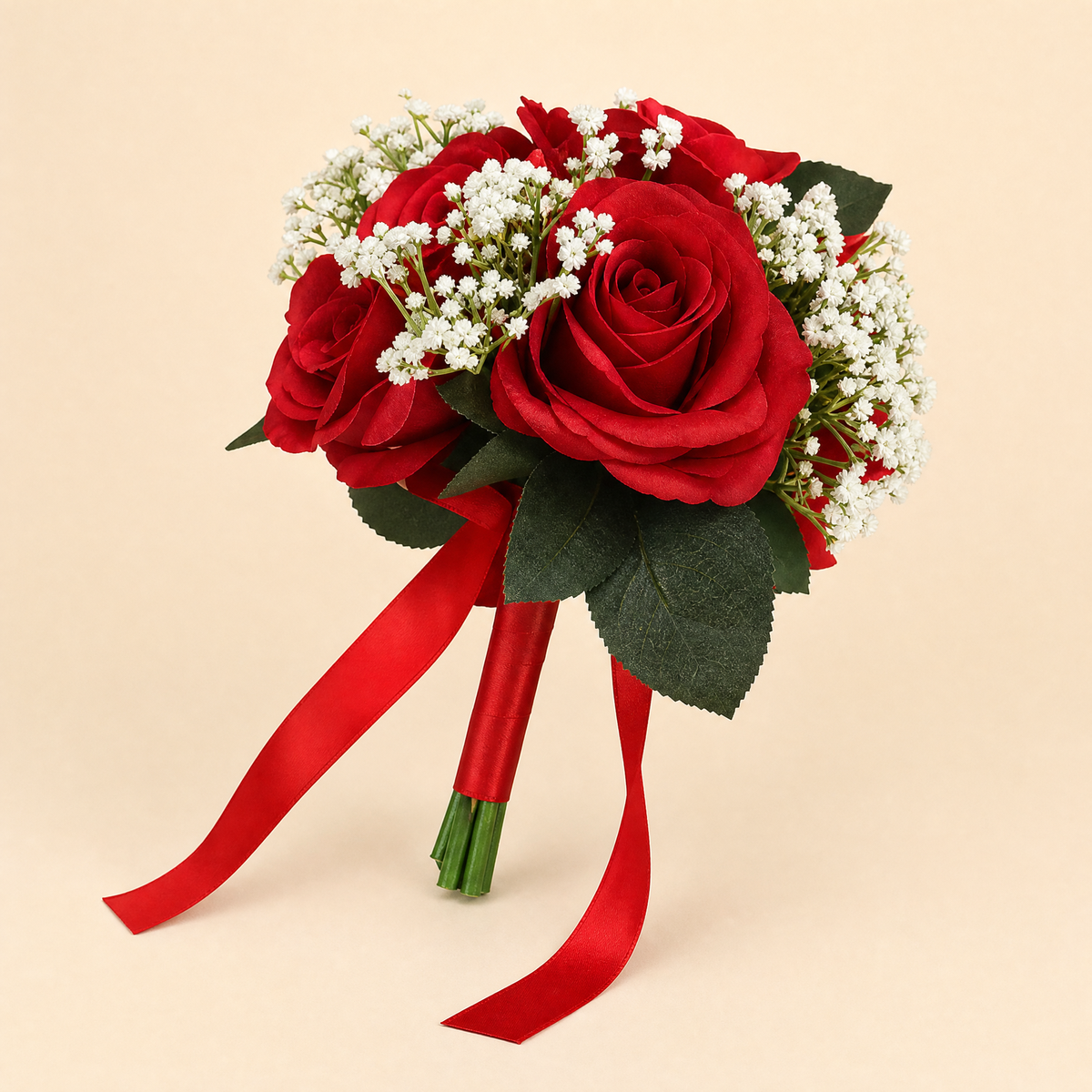 Faux Rose Bouquet with Gypsophila – Silk Wedding Flowers Home Table Decor