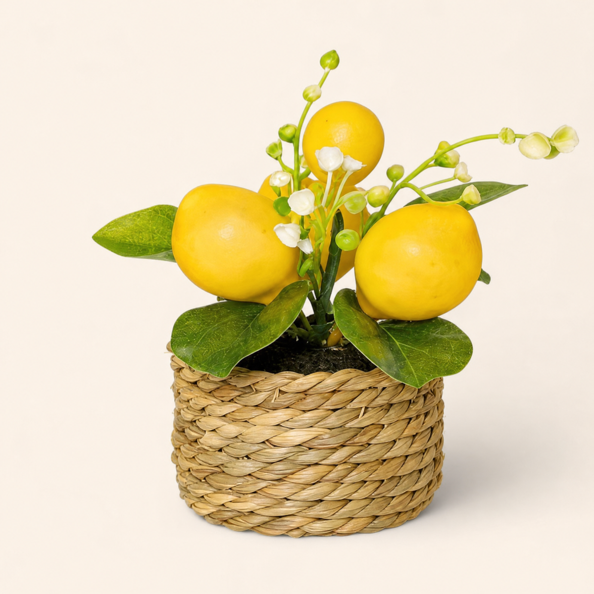Faux Lemon Potted Plant – Woven Basket Pot, Artificial Fruit Decor, Kitchen Table Accent