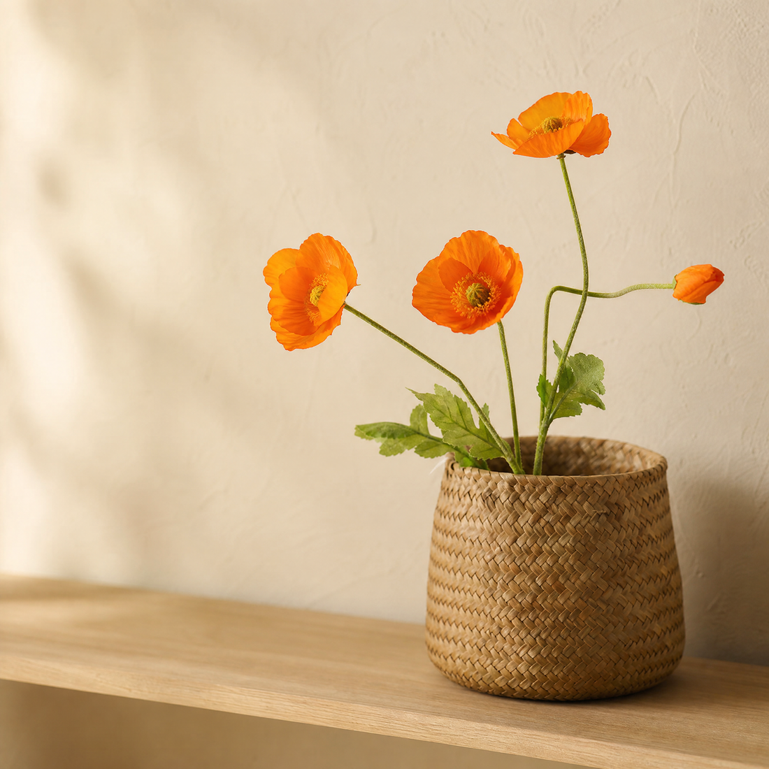 Silk Poppy Stem Faux Flowers – 4 Head Spray for Wedding and Home Decor