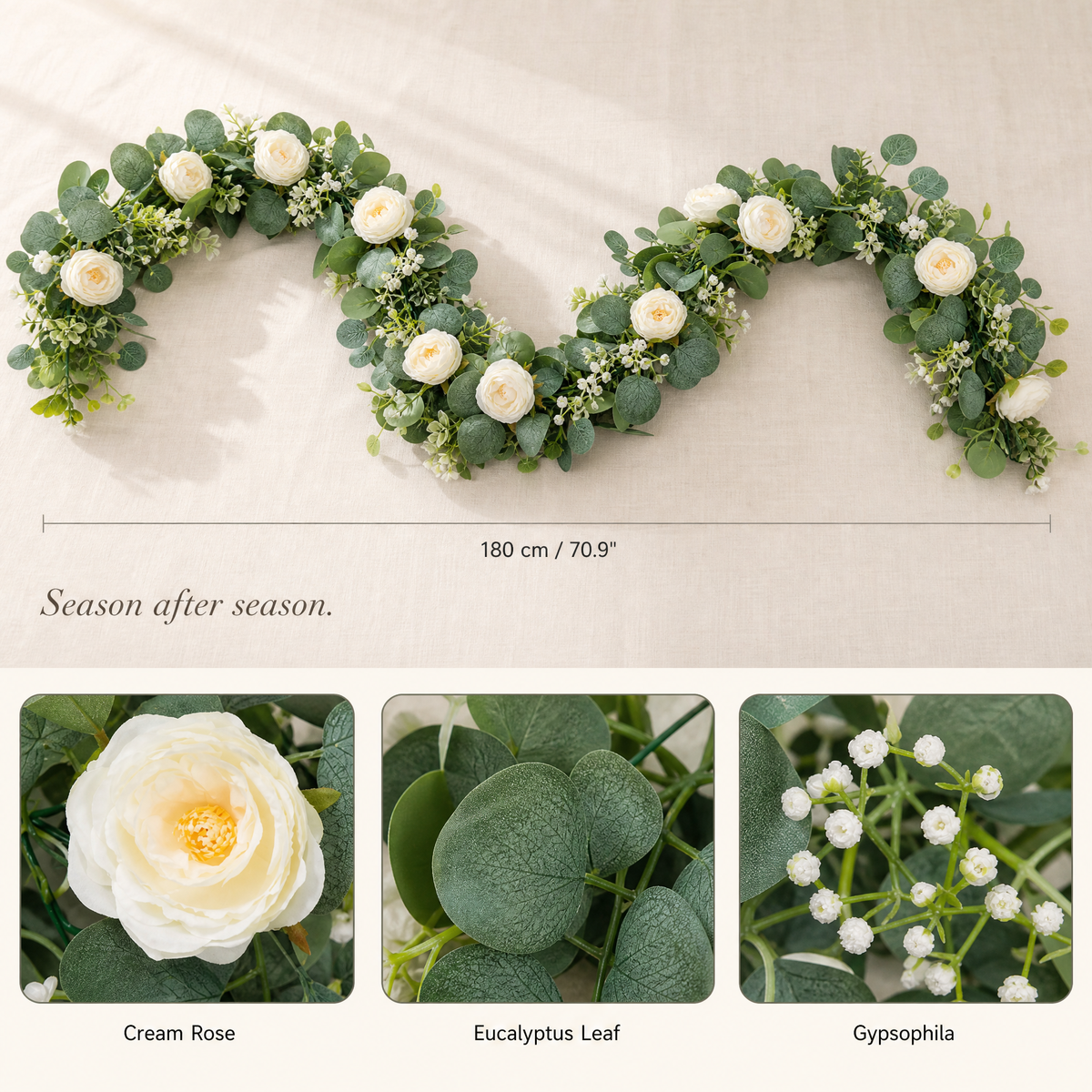 Artificial Eucalyptus Rose Garland – 180cm Faux Greenery Wedding Table Home Decor