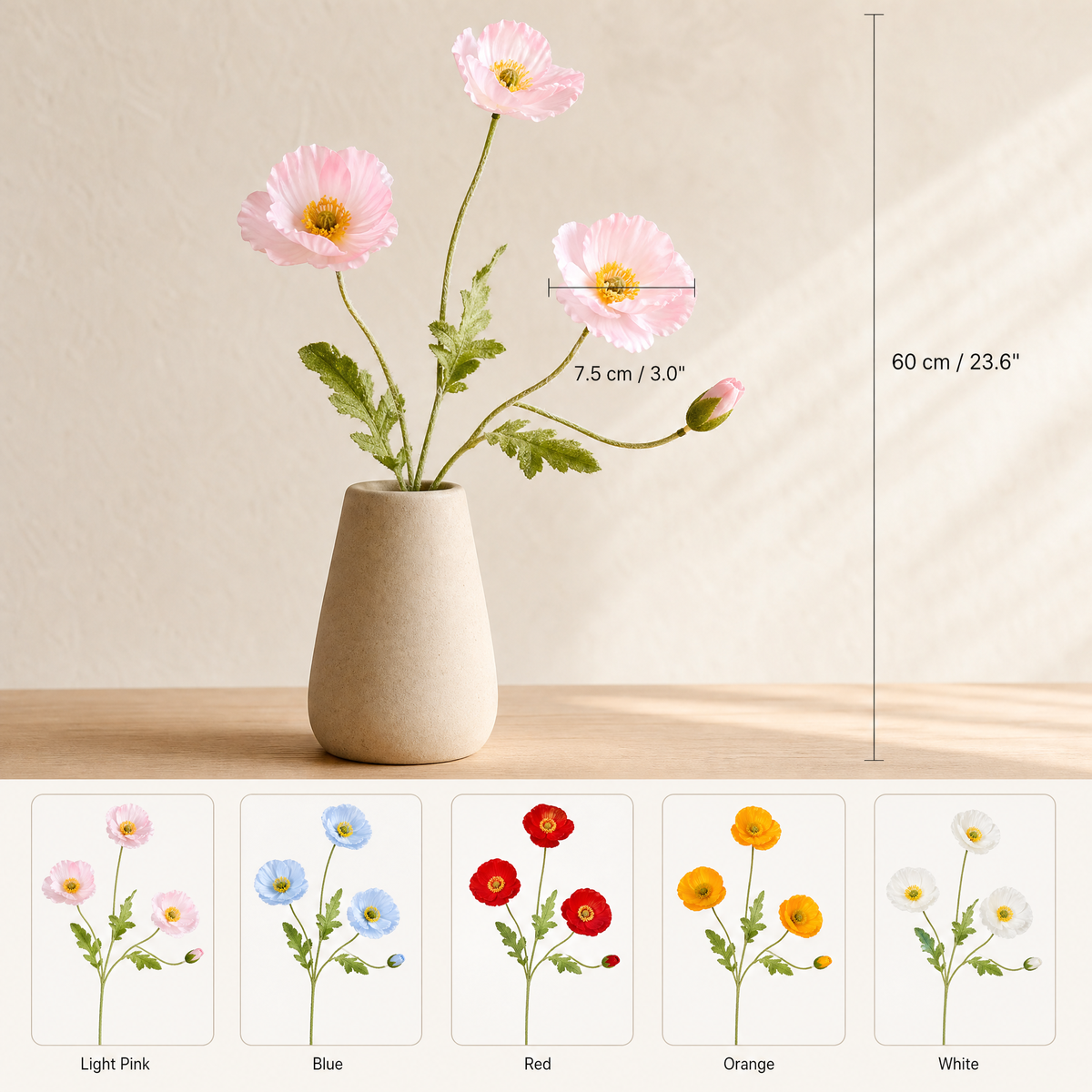 Silk Poppy Stem Faux Flowers – 4 Head Spray for Wedding and Home Decor
